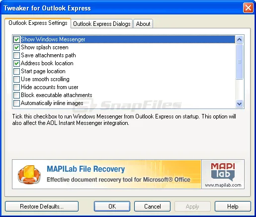 Tweaker for Outlook Express Screenshot 1