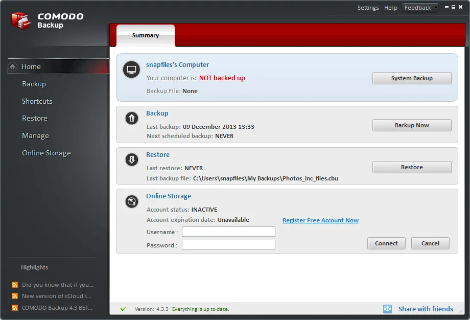 Comodo Backup Screenshot 1