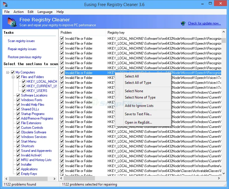 Eusing Free Registry Cleaner Screenshot 1