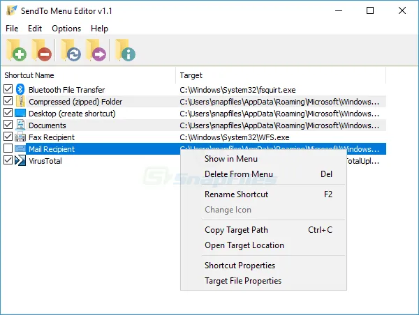 SendTo Menu Editor Screenshot 1